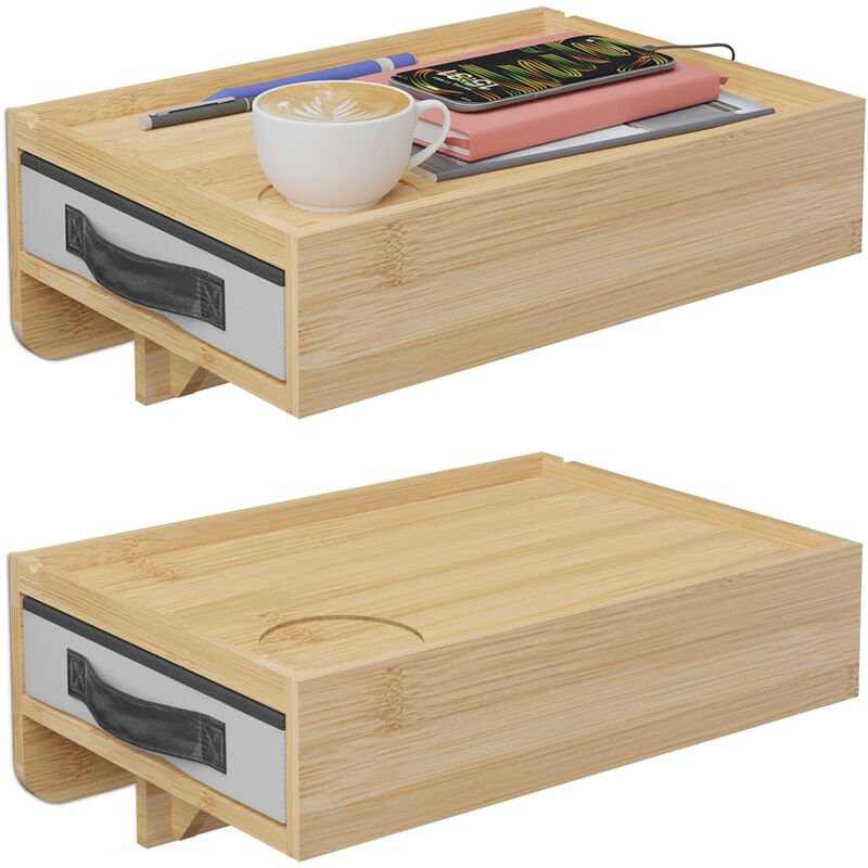Relaxdays Table de chevet à clipser, lot de 2, bambou, H x l x P : 14 x 37 x 26,5 cm, tiroir, tablette de lit, nature