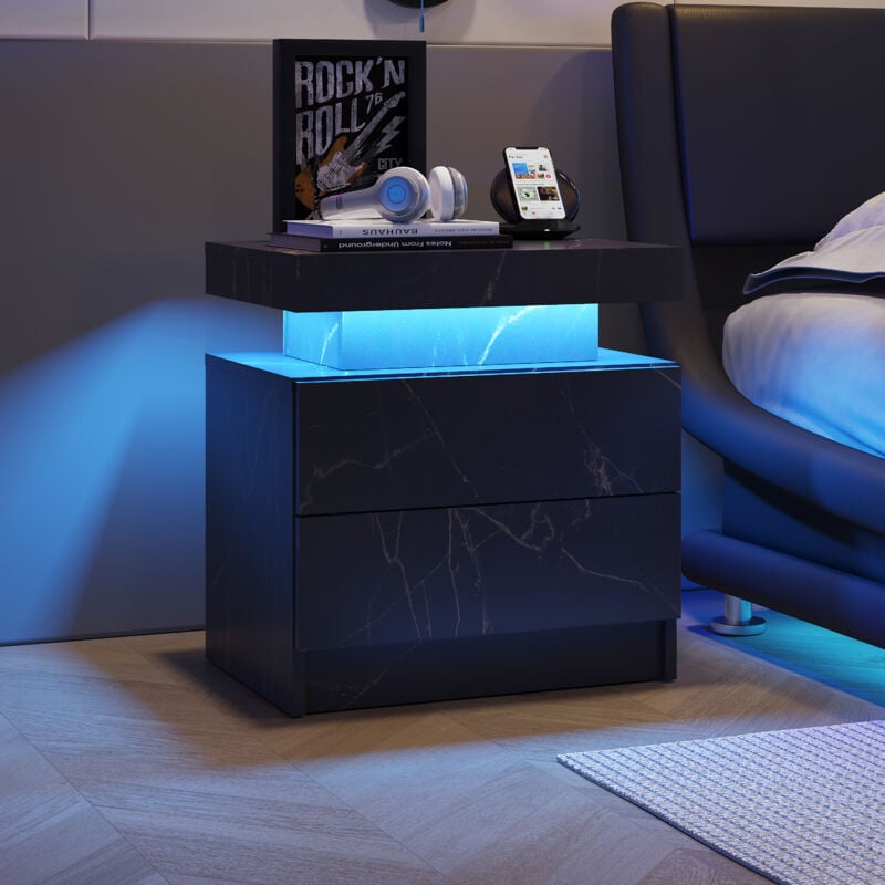 Table de chevet à led avec éclairage d'appoint moderne et 2 tiroirs pour chambre à coucher (noir et or)