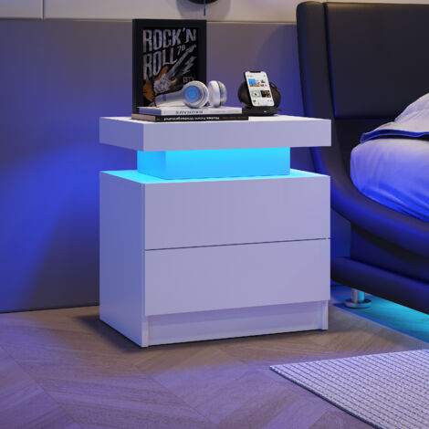 Table de chevet à LED, armoire lumineuse moderne avec 2 tiroirs pour chambre à coucher (blanc)