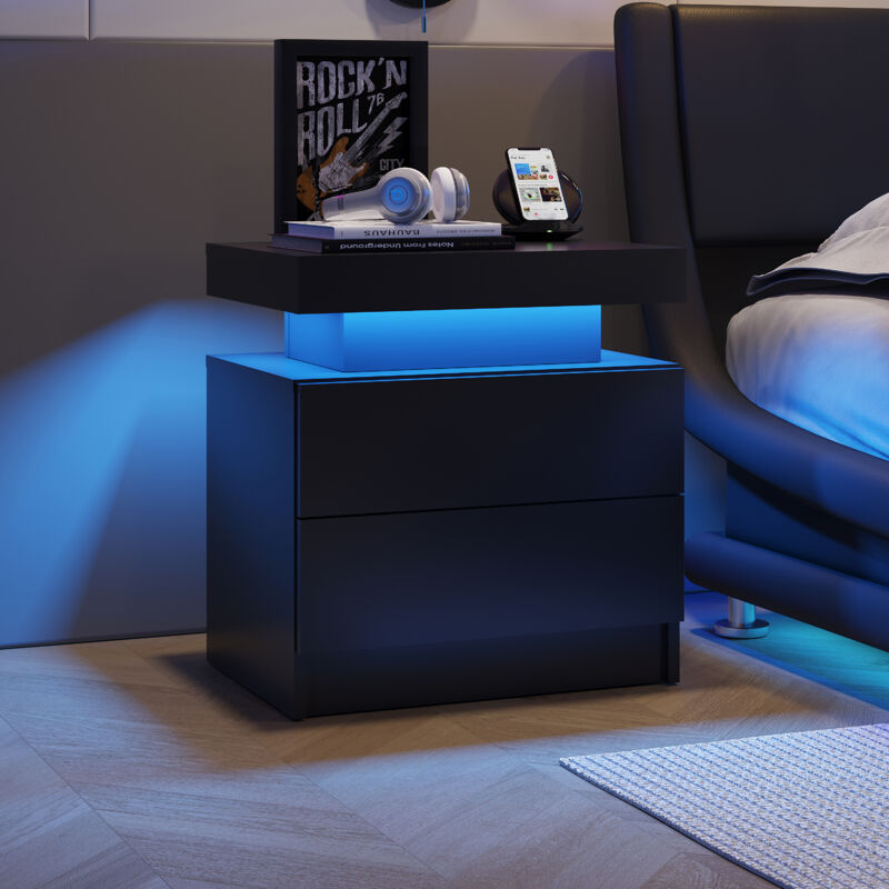 Table de chevet à led, armoire lumineuse moderne avec 2 tiroirs pour chambre à coucher (noir)