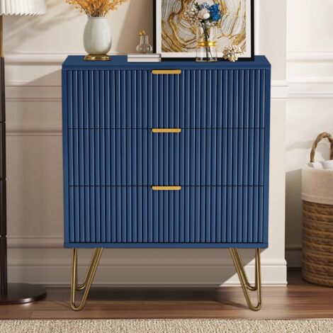 Table de chevet à trois niveaux 60 cm, décor rayé texturé, avec poignées dorées et pieds plaqués or, commode,Bleu foncé
