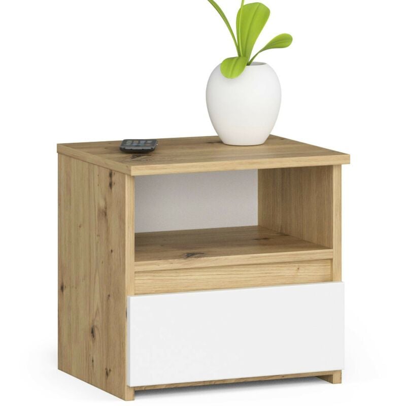 Table de chevet Akord CL1 Chêne Artisan 40 cm 1 tiroir façade Blanche 1 étagère 40x35x40 cm