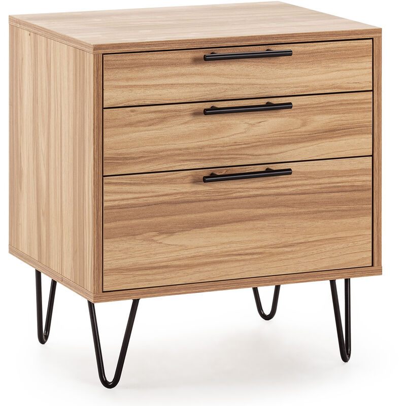 Vs Venta-stock - Table de chevet Alma 3 tiroirs couleur bois, pieds métal