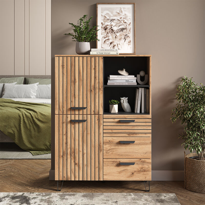 Vicco – Vestiaire Amber chêne wotan 100x142x38 cm – Meuble d'entrée avec rangement pour vestes et chaussures – Panneau de particules 16 mm