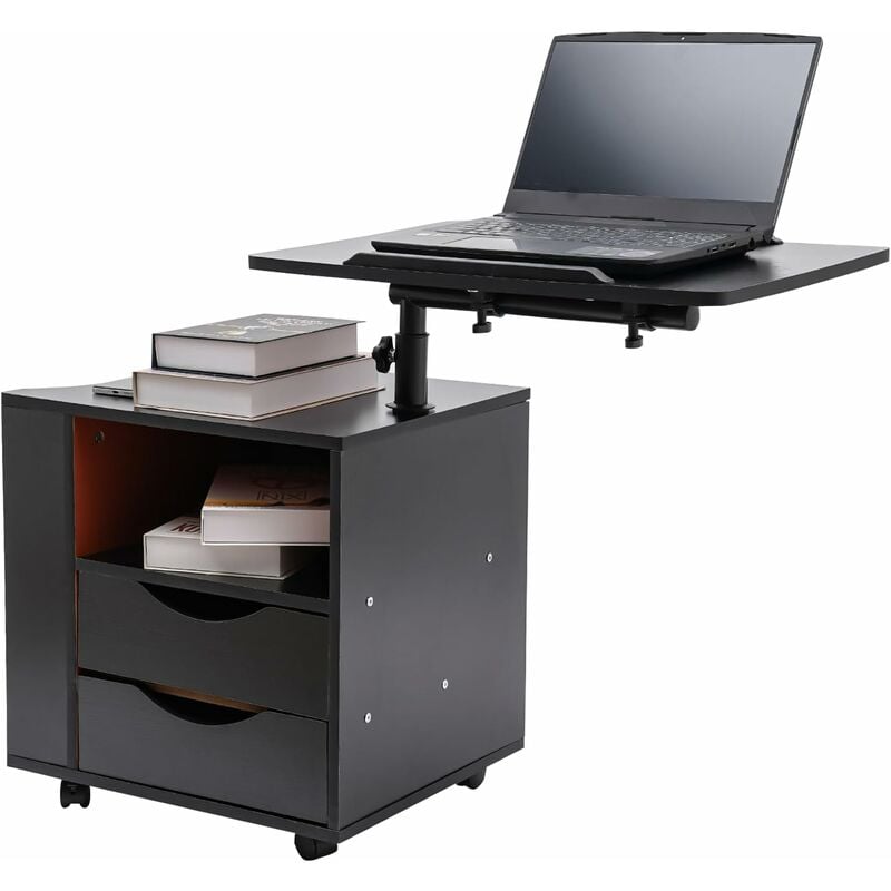 Table de chevet amovible avec tiroirs, roulettes et étagère ouverte, table de chevet multifonction réglable en hauteur, 70-90cm (noir)