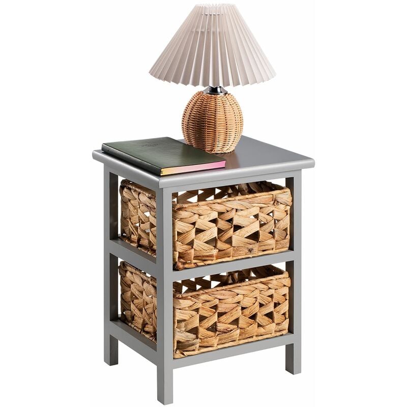 Table de chevet arbo en bois de paulownia gris, 2 paniers en jacinthe d'eau