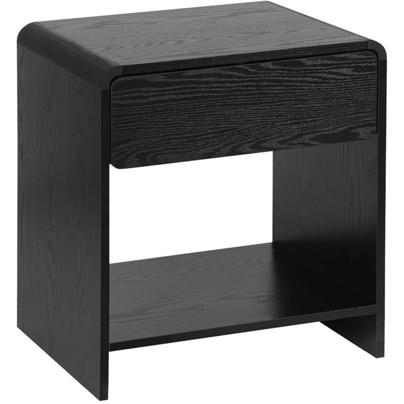 Table de chevet contemporaine noire au design arrondi. avec 1 tiroir et 1 étagère pratique