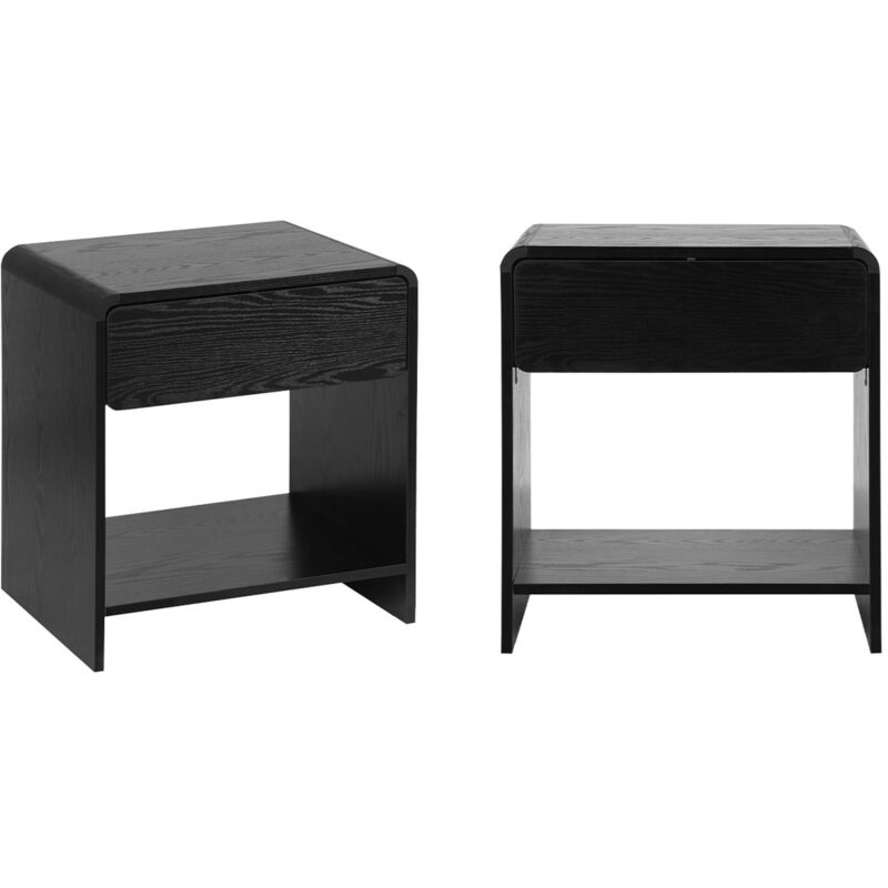 Lot de 2 tables de chevet contemporaines noires au design arrondi. avec 1 tiroir et 1 étagère pratique