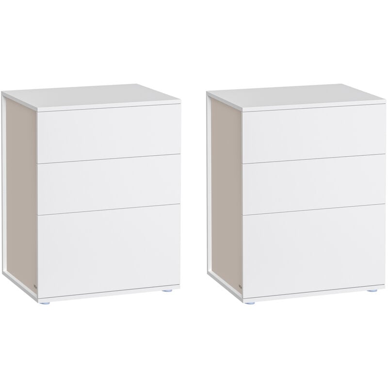 Table de Chevet, Lot de 2, Assemblage Ultra-rapide sans Outils Toolless, Tiroirs, Moderne, Chambre, Salon, 35 x 45 x 58,7 cm, Blanc Mat et Beige