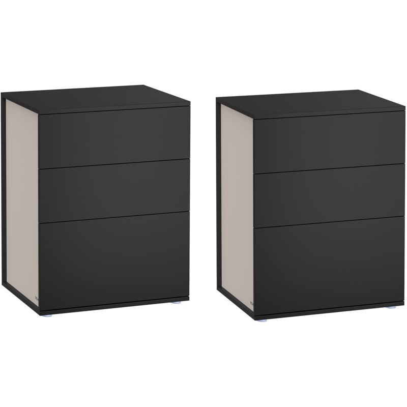 Table de Chevet, Lot de 2, Assemblage Ultra-rapide sans Outils Toolless, Tiroirs, Moderne, Chambre, Salon, 35 x 45 x 58,7 cm, Noir d'Encre et Beige