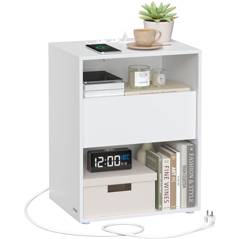 Table de Chevet, Assemblage Ultra-rapide sans Outil Toolless, avec Tiroir, Moderne, Chambre, Salon, Blanc Mat