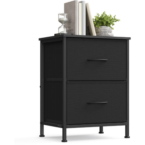 Table de Chevet avec 2 Tiroirs en Tissu Non-tissé, Acier, MDF, pour Chambre, Table d'Appoint, Noir d'Encre et Noir Boisé