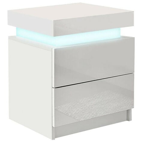 Table de Chevet avec 2 tiroirs et 16 Couleurs LED, 2 tiroirs Table de Chevet pour Salon, Chambre à Coucher, Blanc