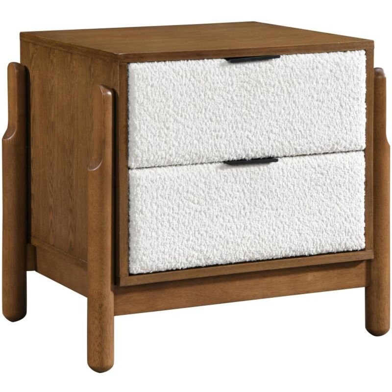 Table de chevet avec 2 tiroirs - mdf et tissu bouclette - Coloris : Naturel et blanc - gamura