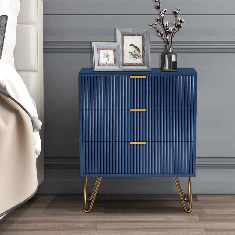 Table de chevet avec 3 tiroirs, pieds en métal doré, style minimaliste moderne - Bleu foncé