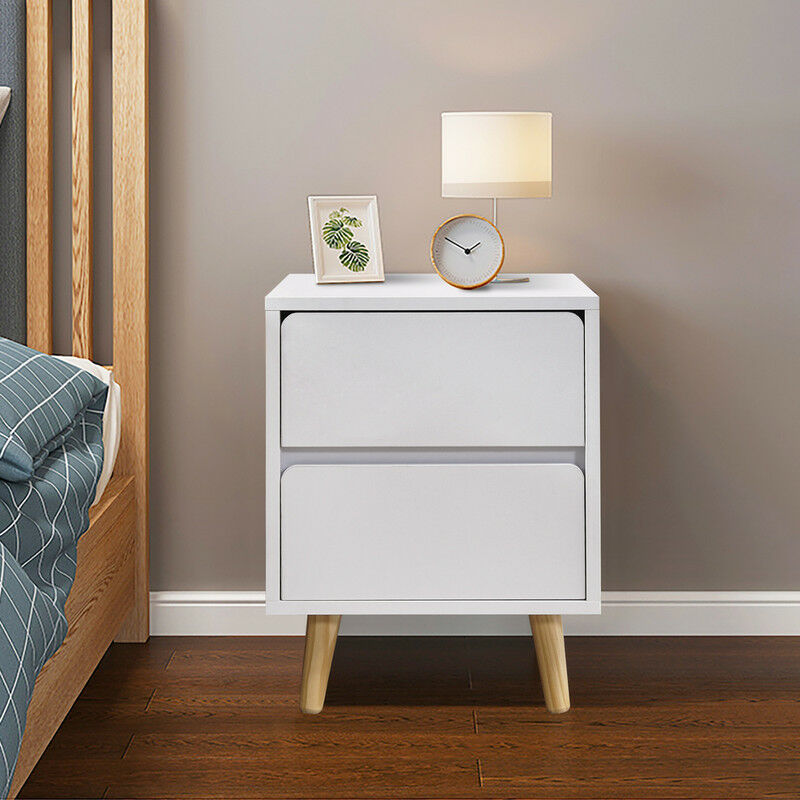 Table de chevet avec 2 tiroirs, Table de chevet avec pieds en bois, Meuble de rangement pour chambre à coucher,Blanc