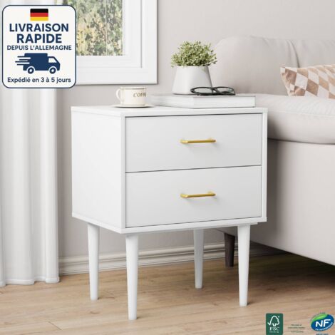 Table de chevet avec 2 Tiroirs –Table de chevet simple -  contemporain - Rangement pour Chambre ou Salon - Blanc