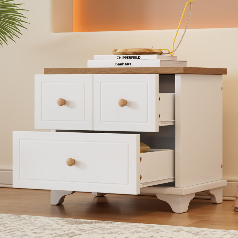 Table de chevet avec 2 tiroirs,coulisses silencieuses, pour séjour, chambre, blanc + naturel