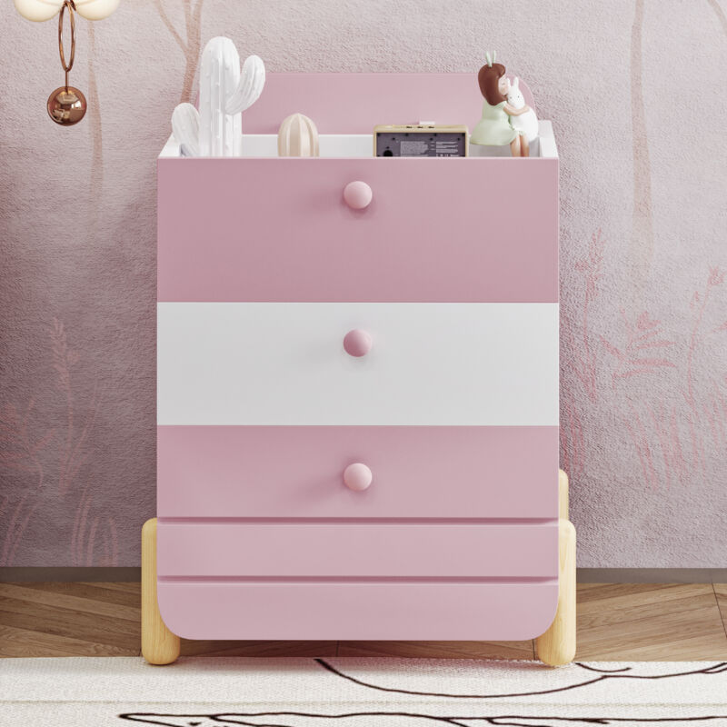 Table de chevet avec 3 tiroirs avec étagères - 64x40x83cm - esign de tiroir silencieux, pieds colorés en bois exquis - rose