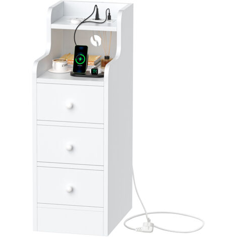 Table de Chevet avec 3 Tiroirs, Blanc, Moderne, 25×35×70cm, en Panneaux de Particules E1, Rangement pour Chambre ou Salon