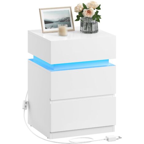 Table De Chevet, Avec Bande Led Multicolore Réglable, 3 Tiroirs, Table D’appoint De Style Moderne, 35 X 40 X 55 Cm, Blanc Nuage