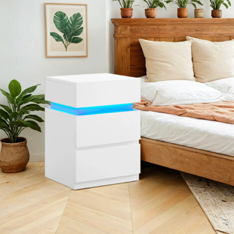 Table de Chevet, avec Bande LED Multicolore Réglable, 3 Tiroirs, Table d’Appoint de Style Moderne, 35,1 x 40,1 x 55,1 cm, Blanc