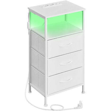 Table de Chevet avec Éclairage LED et Multiprise, 3 Tiroirs et 1 Compartiment Ouvert, Blanc