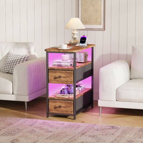 Table de chevet avec éclairage LED et Multiprise, Table d'appoint moderne avec 2 tiroirs et 2 étagères ouvertes, Bout de Canapé pour salon chambre bureau, Marron-Noir