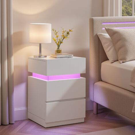 Table de Chevet avec Éclairage LED, Lot de 2, avec 3 Tiroirs, pour Chambre, Moderne, 35,1 x 40,1 x 55,1 cm, Blanc