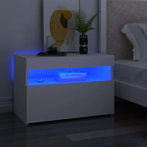 VIDAXL Table de chevet en bois élégante disponible en différentes couleurs avec LED avec porte Couleur : Blanc