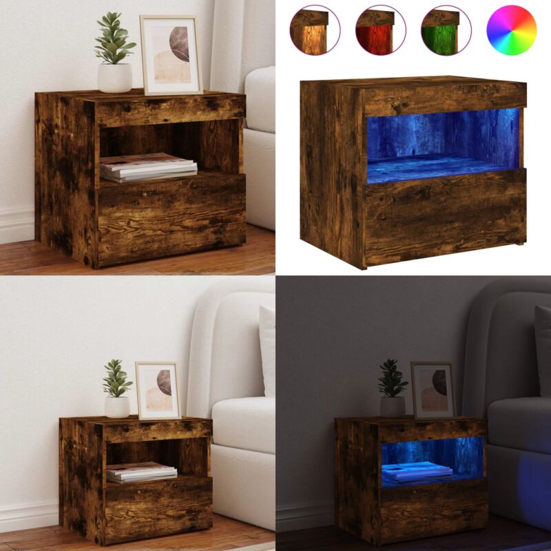 Table de chevet avec lumières led chêne fumé 50x40x45 cm - Table De Chevet - Table Nuit - Luminaire Led - Éclairage Ambiant - Décoration Chambre