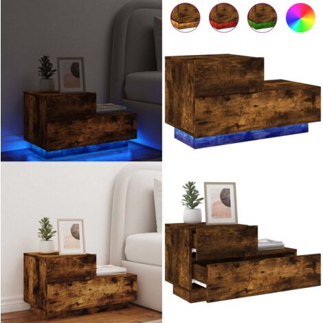 Table de chevet avec lumières LED chêne fumé 70x36x40,5 cm - Table De Nuit - Table Basse - Lampe De Chevet - Luminaire LED - Meubles De Chambre - Home & Living