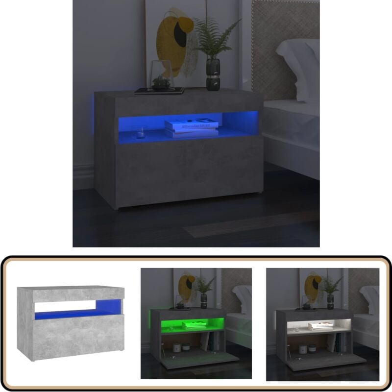 Table de chevet avec lumières led gris béton 60x35x40 cm - Table De Chevet - Meuble De Chambre - Luminaire Led - Armoire De Chevet - Rangement Nuit