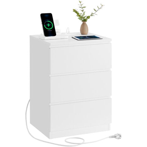 Table de Chevet avec Multiprise, 3 Tiroirs, 2 Prises CA, 2 Ports USB, Façades de Tiroirs Biseautées, pour Salon, Chambre, Bureau, Moderne, Blanc Nuage