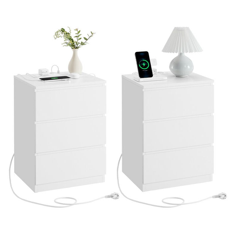 Lot de 2 Tables de Chevet avec Multiprise, 3 Tiroirs, 2 Prises ca, 2 Ports usb, Façades de Tiroirs Biseautées, pour Salon, Chambre, Bureau, Moderne,