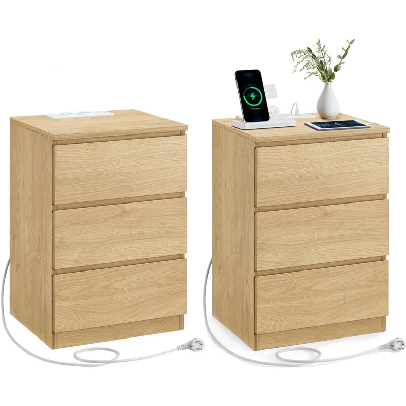 Lot de 2 Tables de Chevet avec Multiprise, avec 3 Tiroirs, 2 Prises ca, 2 Ports usb, pour Salon, Chambre, Bureau, Moderne, Jaune Paille