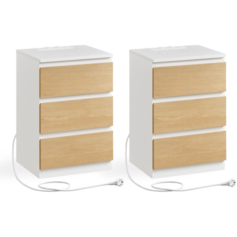 Vasagle - Table de Chevet avec Multiprise, Lot de 2, Table d'Appoint avec 3 Tiroirs, 2 Prises ca, 2 Ports usb, pour Salon, Chambre, Bureau, Moderne,