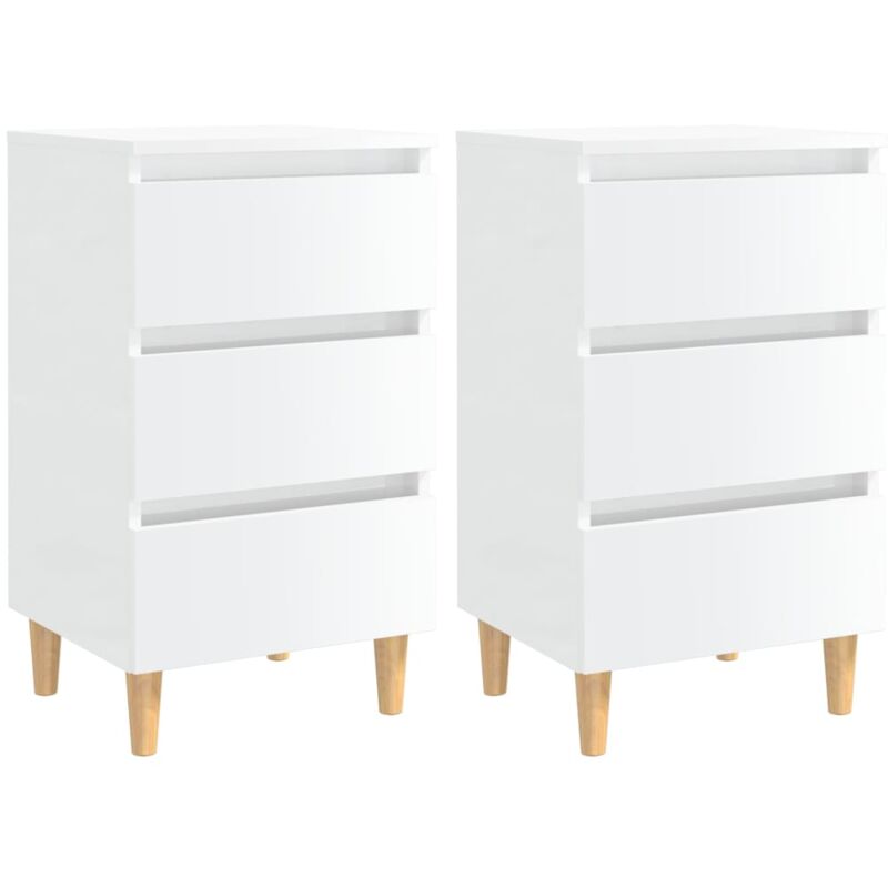 Tables de chevet pieds en bois 2 pcs Blanc brillant 40x35x69 cm