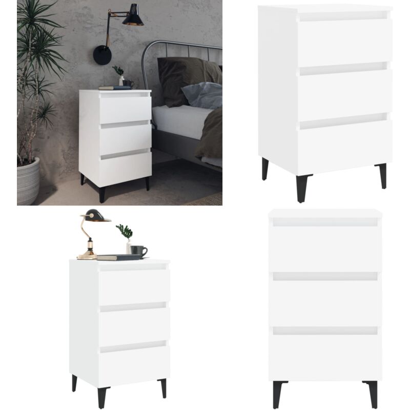 Table de chevet avec pieds en métal blanc 40x35x69 cm - Table De Chevet - Meuble De Chambre - Table Nuit - Table Latérale - Style Industriel - Home &