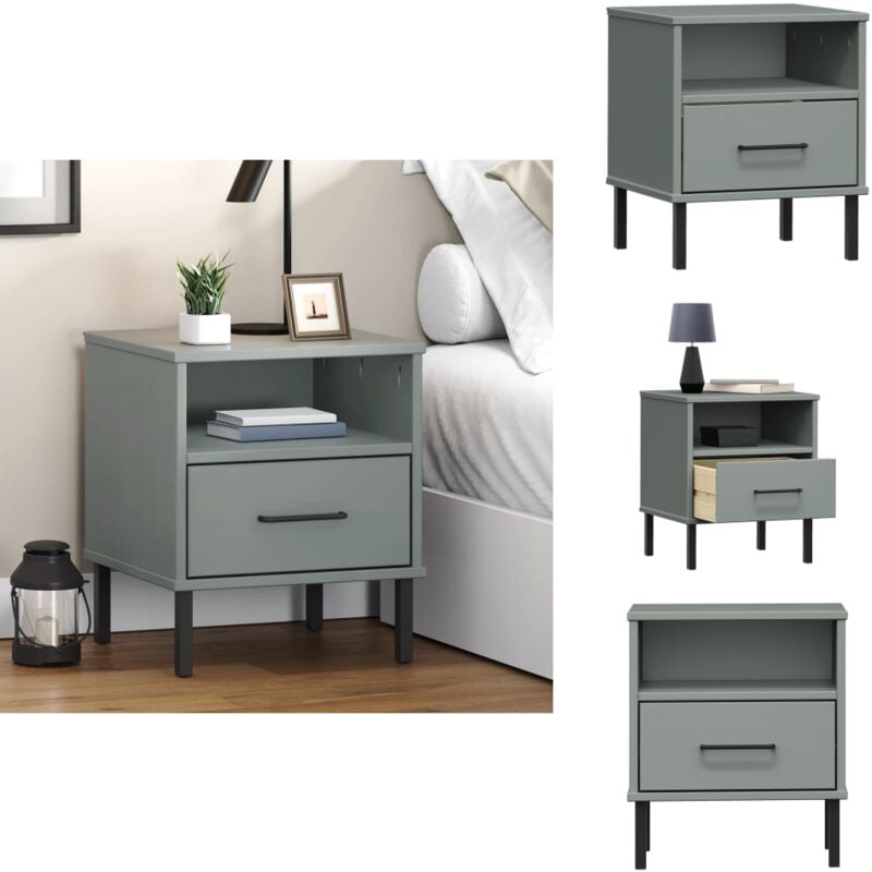Table de chevet avec pieds en métal Gris Bois pin massif oslo - Table De Chevet - Table Nuit - Meubles Industriels - Mobilier Chambre - Bois Massif