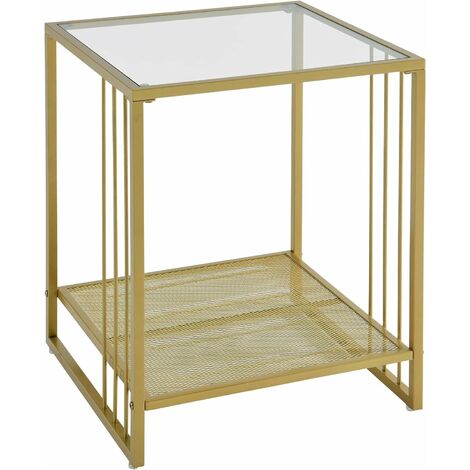 Table de chevet avec plateau en verre trempé, table de canapé avec plateau à grilles, stable, avec structure en métal doré, salon, chambre à coucher, facile à monter