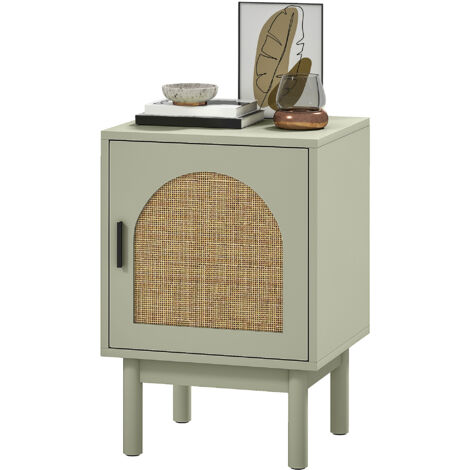Table de chevet avec porte en rotin, étagère réglable et pieds en bois, style bohème, 40 x 35 x 58 cm, vert clair