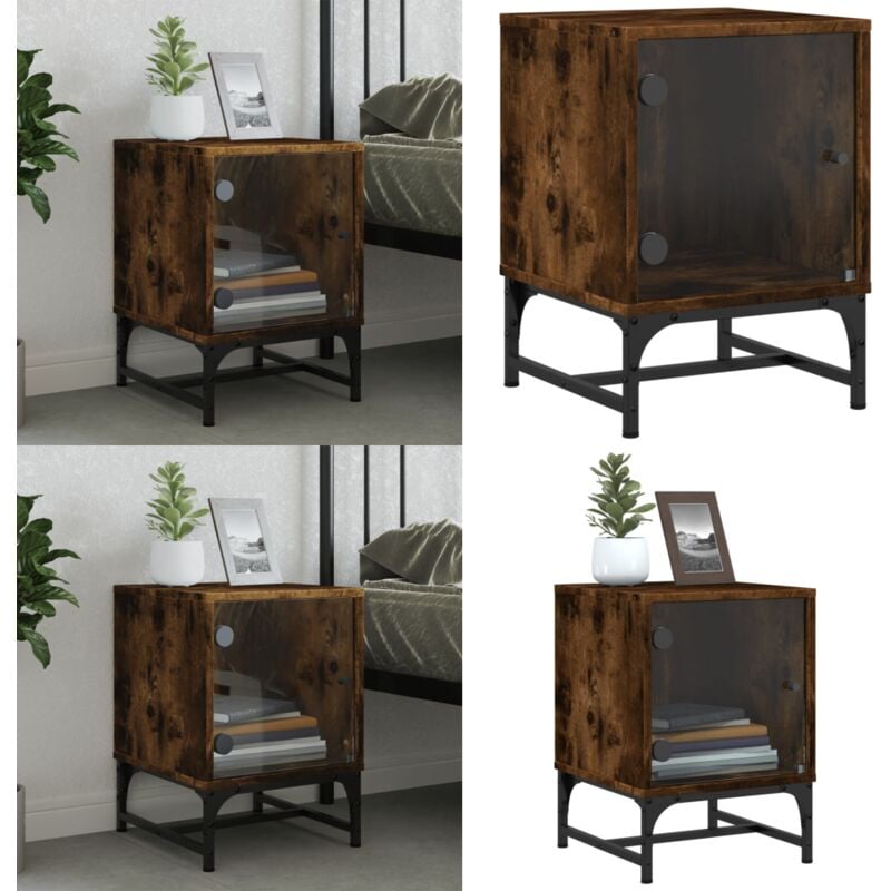 Table de chevet avec porte en verre chêne fumé 35x37x50 cm - Table De Chevet - Commode - Meubles De Chambre - Mobilier Moderne - Table Nuit - Home &