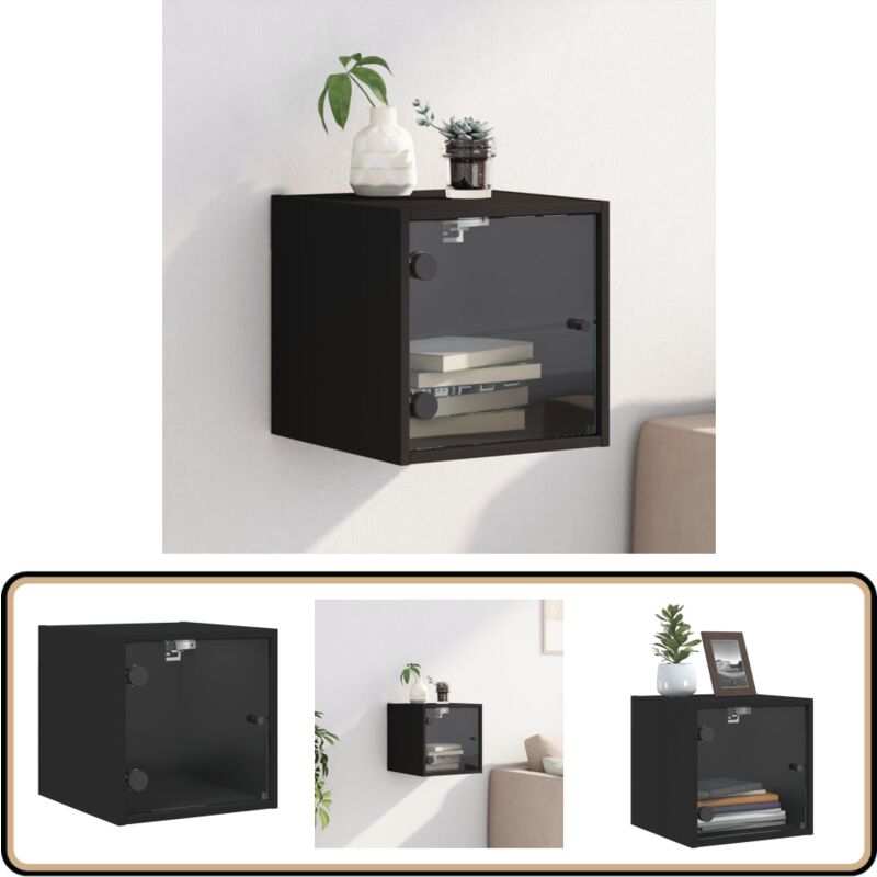 Table de chevet avec porte en verre noir 35x37x35 cm - Table De Chevet Murale - Table De Nuit - Meubles De Chambre - Armoire De Chevet - Rangement