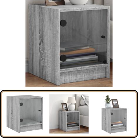 Table de chevet avec porte en verre sonoma gris 35x37x42 cm - Table De Chevet - Commode - Meubles De Chambre - Armoire De Chevet - Rangement Nuit