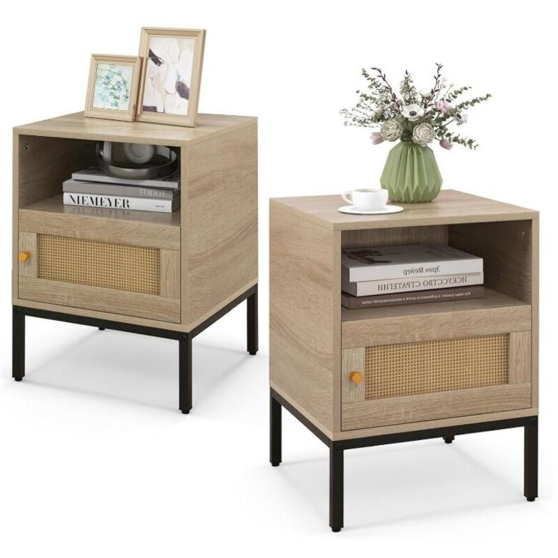 Table de Chevet avec Porte Rotin Cannage, Table de Nuit Bohême, Pieds en Bois Massif, Table d'Appoint ave pour Salon, Chambre, 40 x 40 x 57 cm(2)