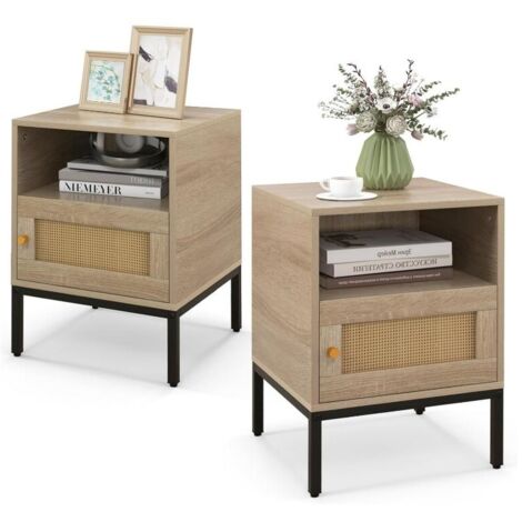 Table de Chevet avec Porte Rotin Cannage, Table de Nuit Bohême, Pieds en Bois Massif, Table d'Appoint ave pour Salon, Chambre, 40 x 40 x 57 cm(2)
