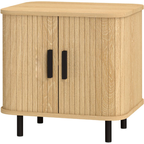 Table de chevet avec portes coulissantes, 2 étagères et pieds en acier, style scandinave, 48 x 40 x 48 cm, chêne