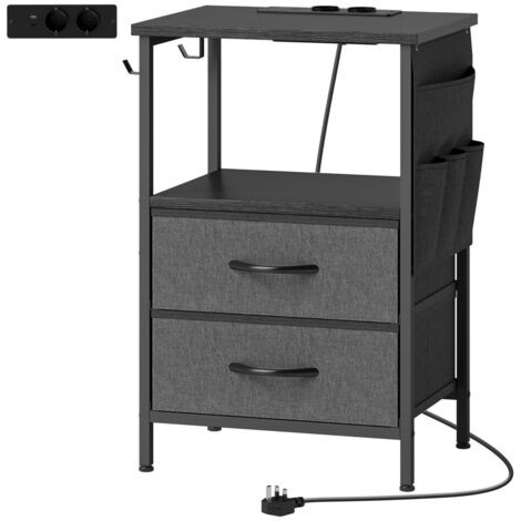 Table de chevet avec prise de charge, cadre en acier, ports USB-C, tiroirs, crochets. Dimensions : 40 cm x 30 cm x 60 cm. Couleur : noir.
