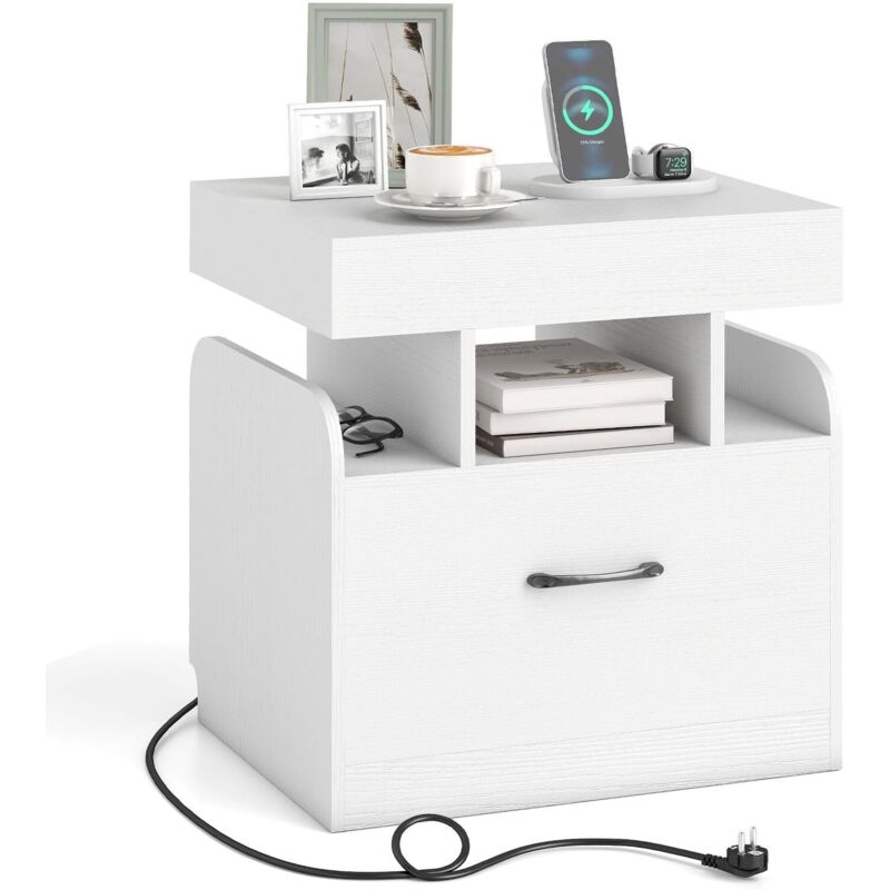 Table de Chevet avec Station de Charge, Table de Nuit avec Tiroir, Plateau & Étagères Ouvertes, 50 x 40 x 55 cm, pour Salon, Chambre, Bureau, Blanc